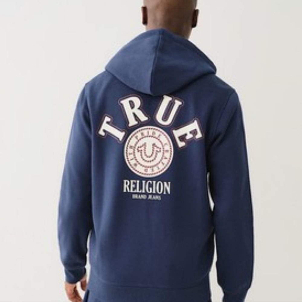 True Religion Full Zip Hoodie Logo Navy Large